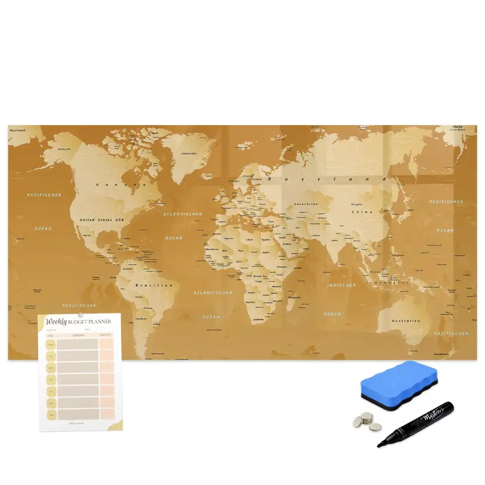 Tableau blanc magnétique effaçable à sec avec carte du monde moderne