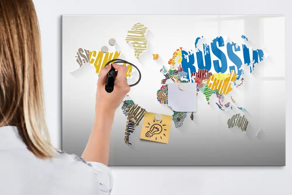 Tableau blanc magnétique effaçable à sec avec carte du monde