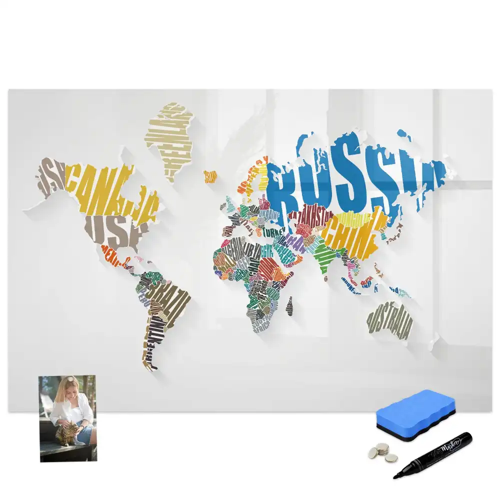 Tableau blanc magnétique effaçable à sec avec carte du monde
