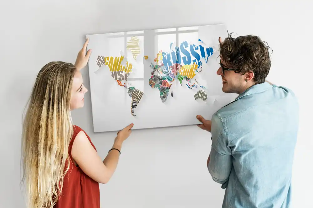 Tableau blanc magnétique effaçable à sec avec carte du monde