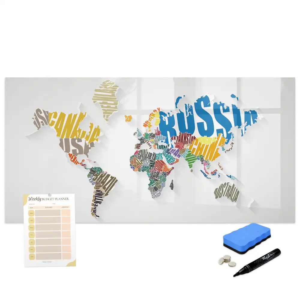 Tableau blanc magnétique effaçable à sec avec carte du monde