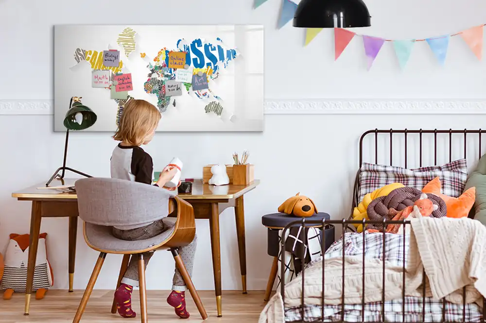 Tableau blanc magnétique effaçable à sec avec carte du monde
