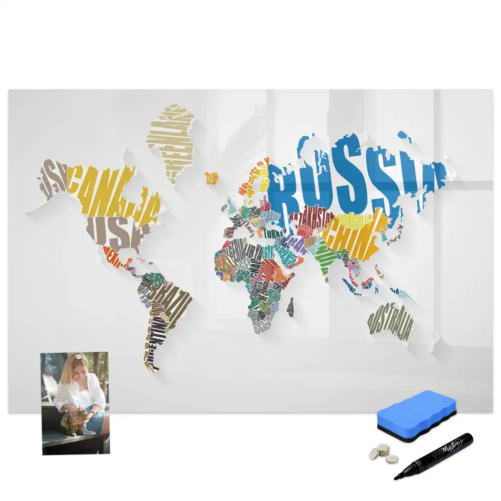 Tableau blanc magnétique effaçable à sec avec carte du monde