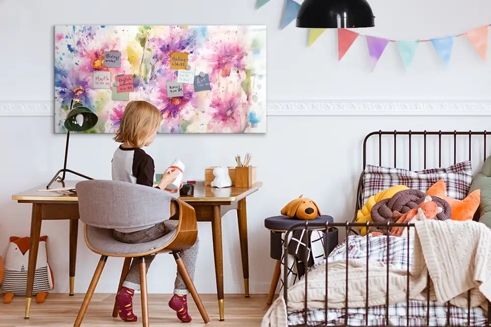 Tableau blanc magnétique effaçable à sec à motif de fleurs peintes sur toile