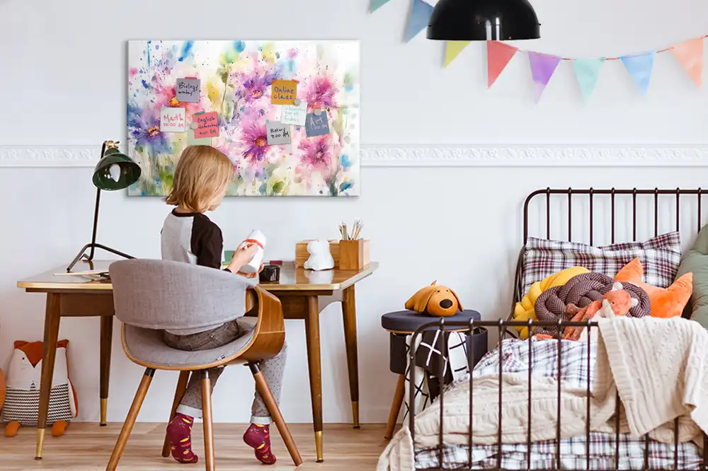 Tableau blanc magnétique effaçable à sec à motif de fleurs peintes sur toile