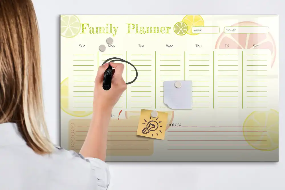 Tableau blanc magnétique effaçable à sec avec organisateur familial