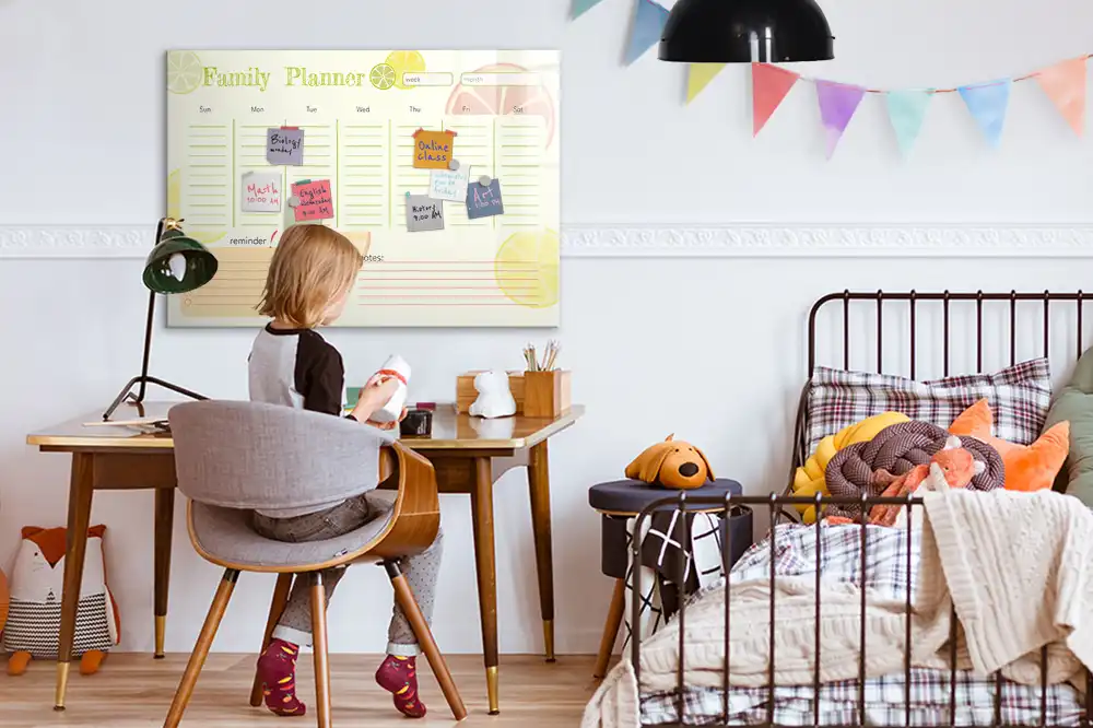Tableau blanc magnétique effaçable à sec avec organisateur familial