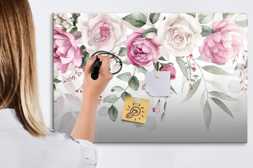 Tableau blanc magnétique effaçable à sec à motif de fleurs et aquarelles de roses