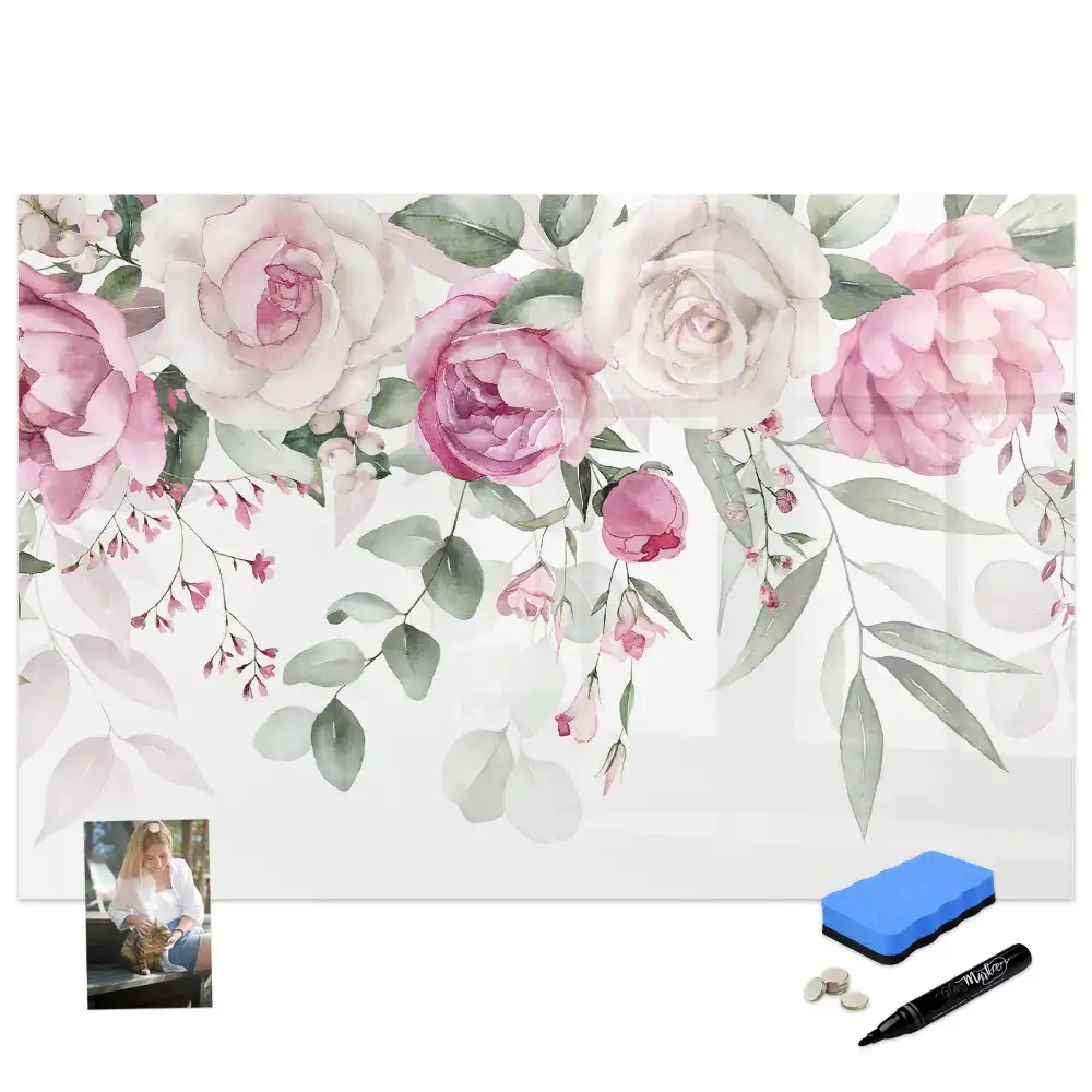 Tableau blanc magnétique effaçable à sec à motif de fleurs et aquarelles de roses