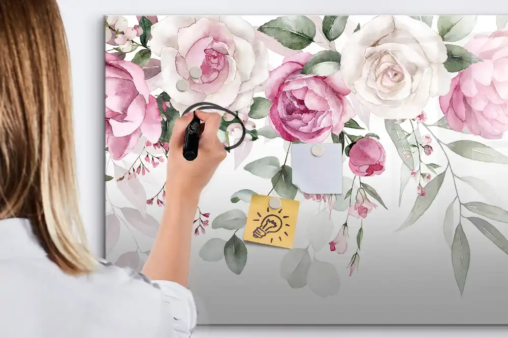 Tableau blanc magnétique effaçable à sec à motif de fleurs et aquarelles de roses
