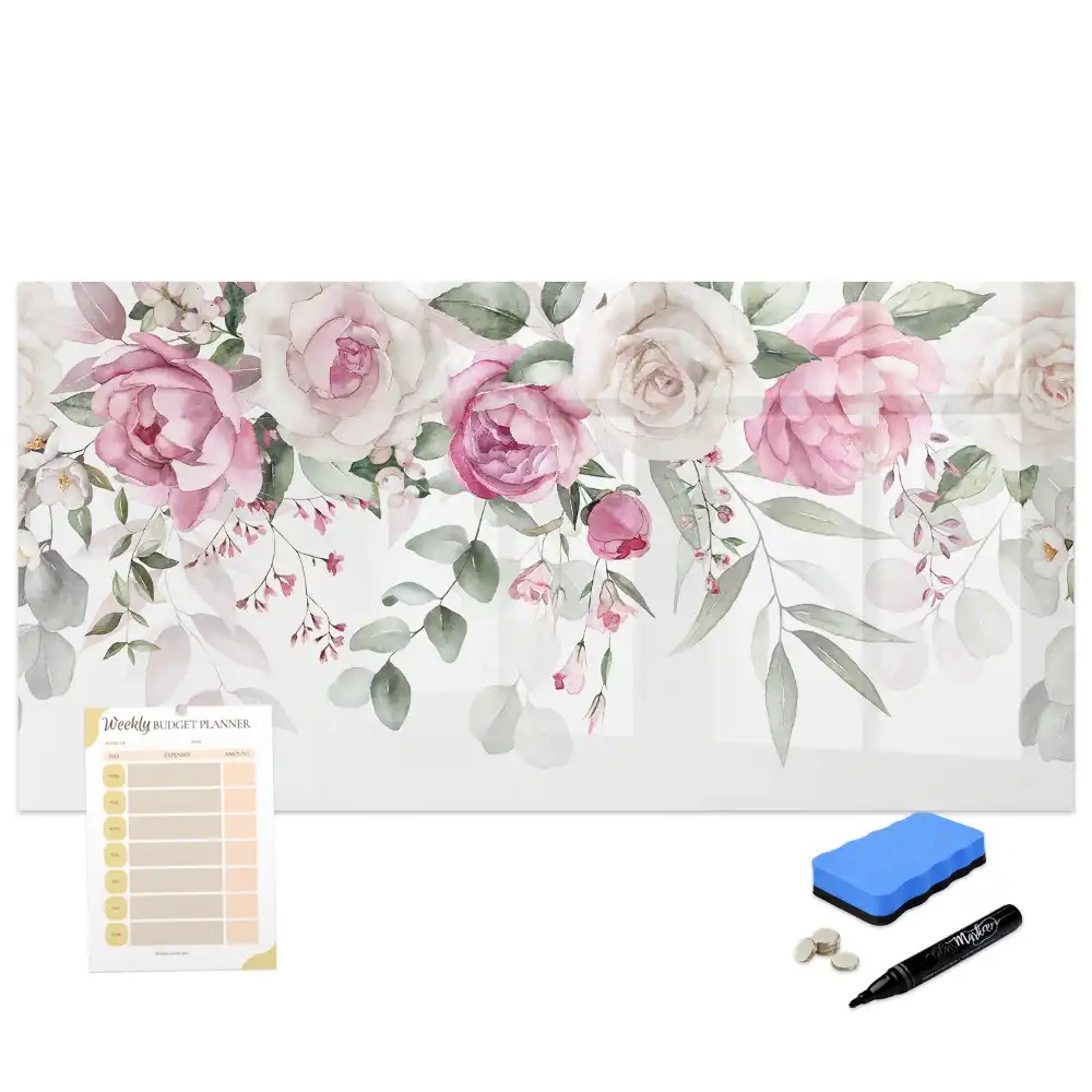 Tableau blanc magnétique effaçable à sec à motif de fleurs et aquarelles de roses