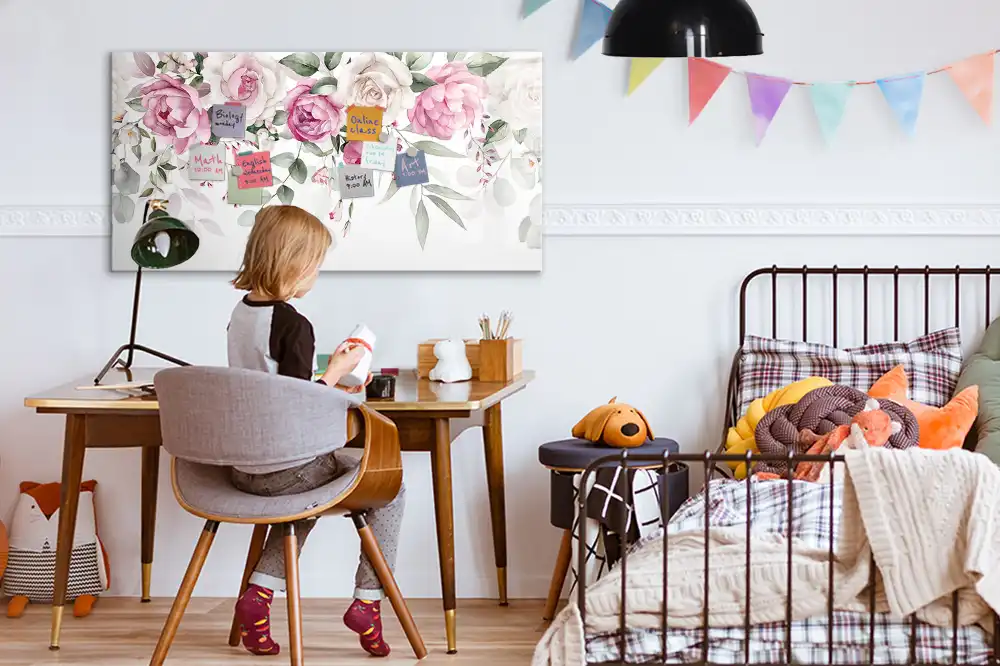 Tableau blanc magnétique effaçable à sec à motif de fleurs et aquarelles de roses