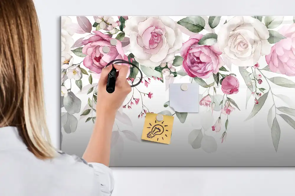 Tableau blanc magnétique effaçable à sec à motif de fleurs et aquarelles de roses