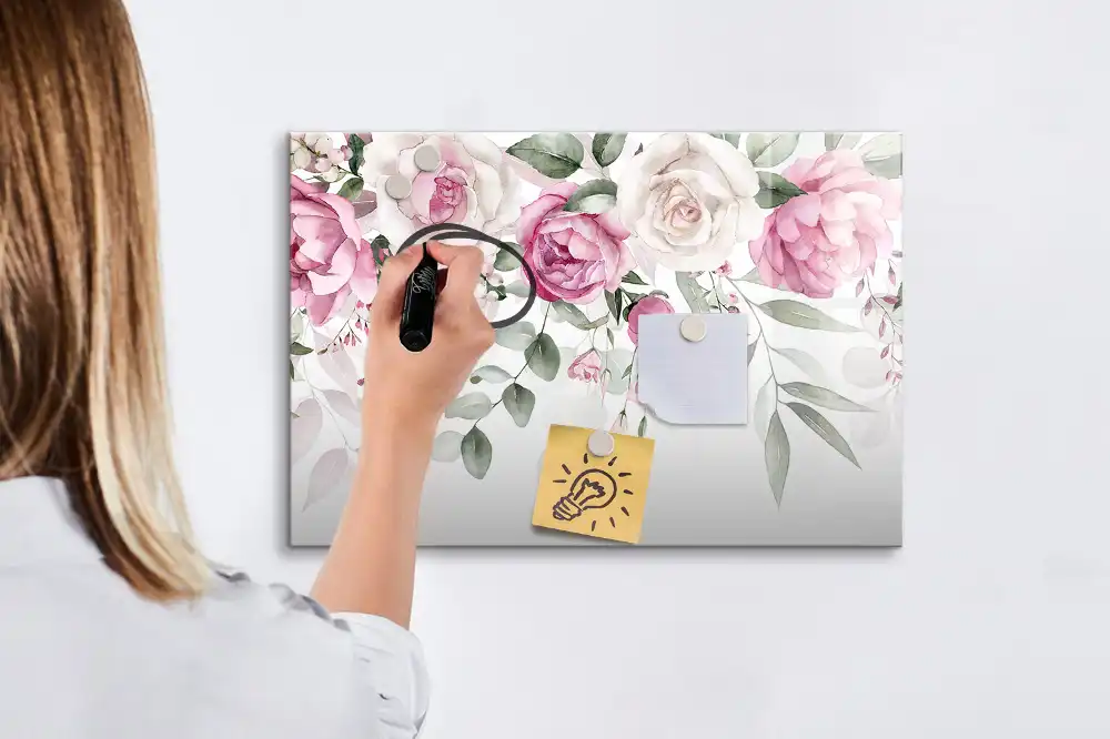 Tableau blanc magnétique effaçable à sec à motif de fleurs et aquarelles de roses