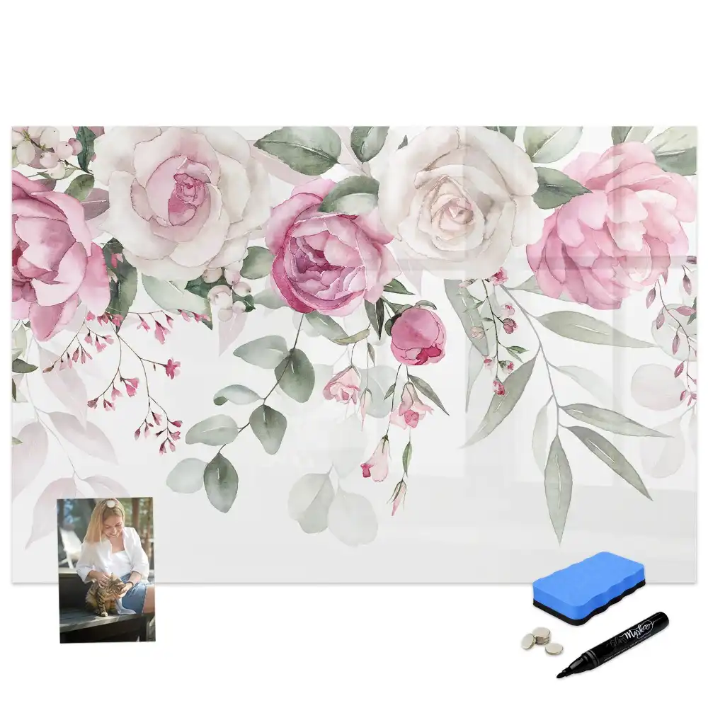 Tableau blanc magnétique effaçable à sec à motif de fleurs et aquarelles de roses