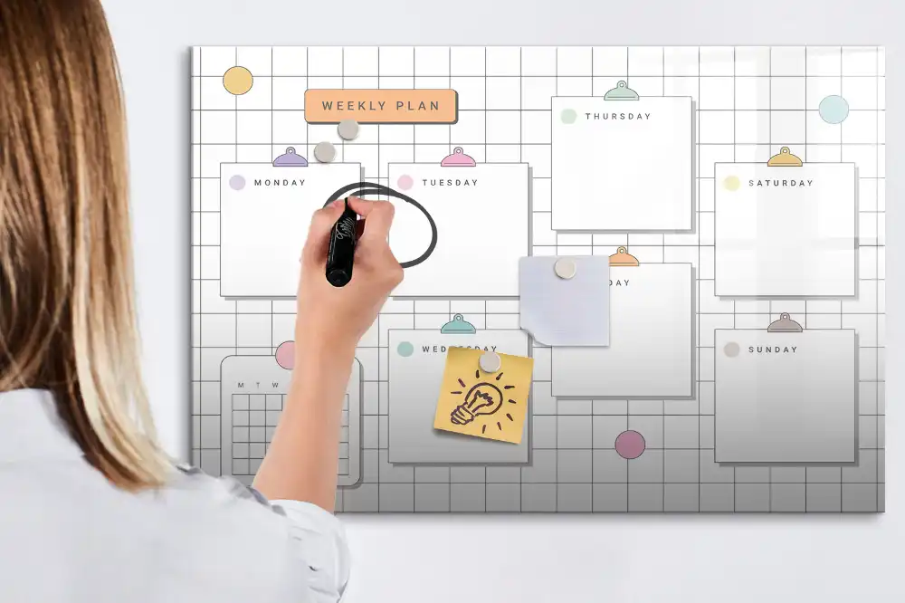 Tableau blanc magnétique effaçable à sec pour plan d'action hebdomadaire