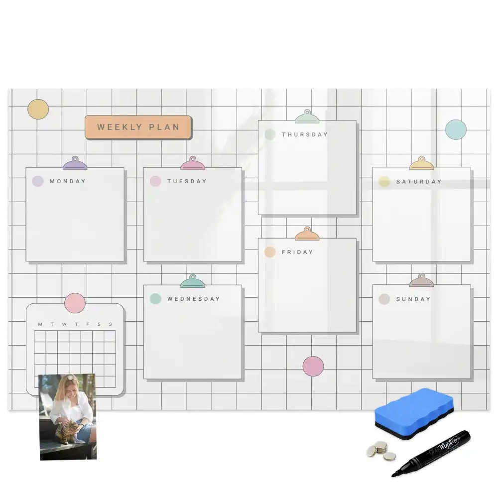 Tableau blanc magnétique effaçable à sec pour plan d'action hebdomadaire