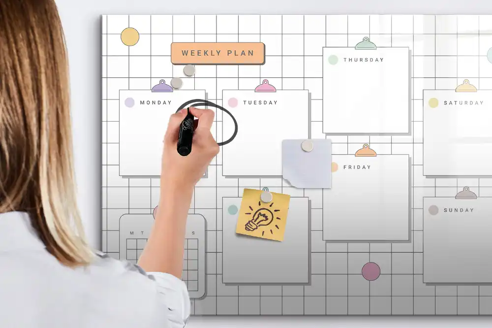 Tableau blanc magnétique effaçable à sec pour plan d'action hebdomadaire