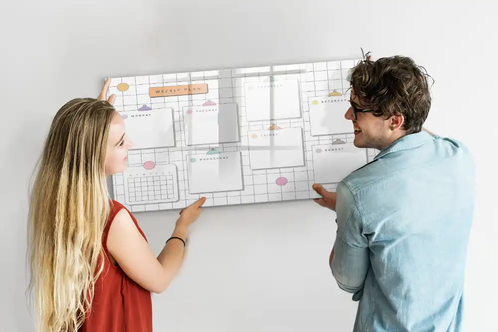 Tableau blanc magnétique effaçable à sec pour plan d'action hebdomadaire