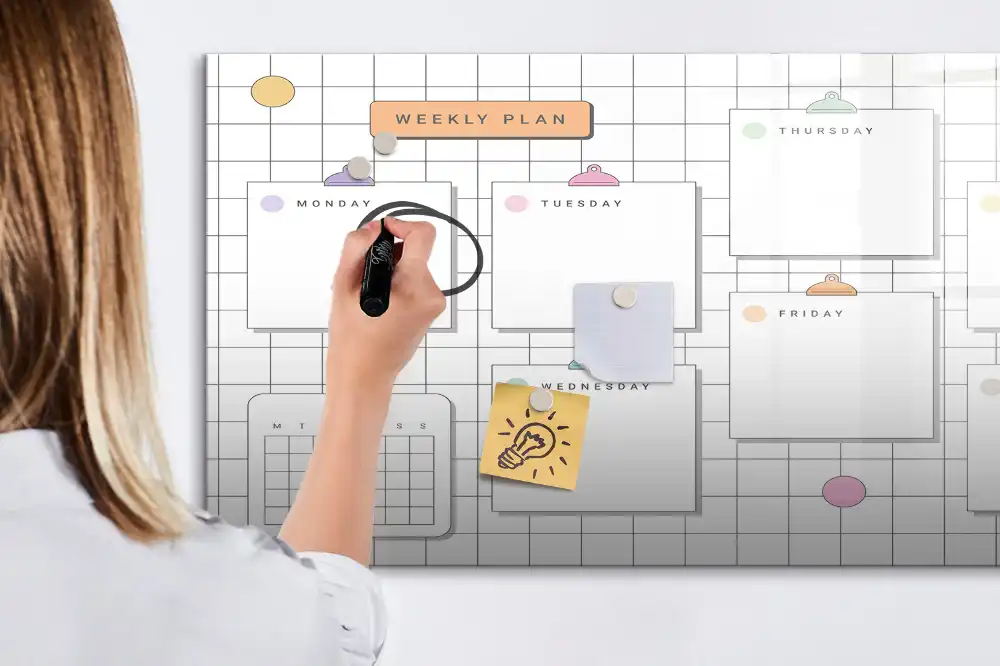 Tableau blanc magnétique effaçable à sec pour plan d'action hebdomadaire
