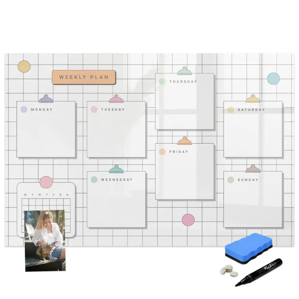 Tableau blanc magnétique effaçable à sec pour plan d'action hebdomadaire
