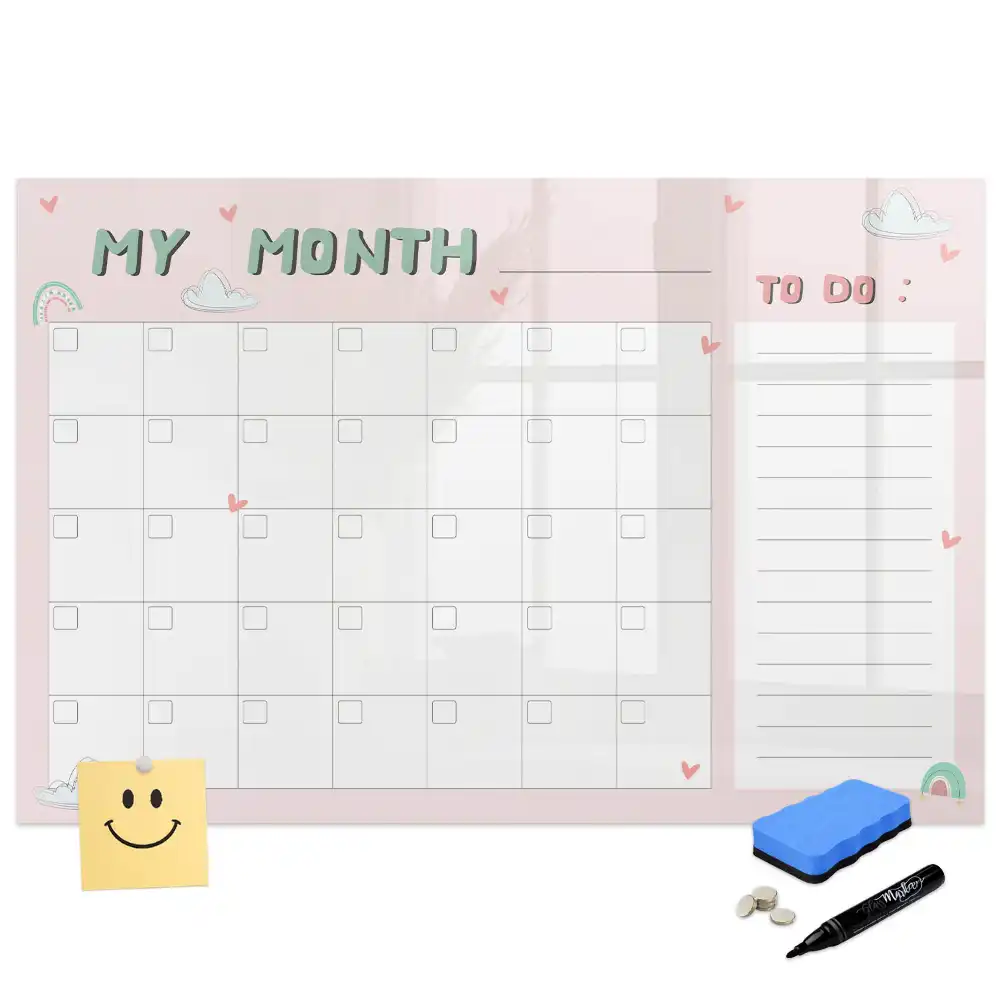Tableau blanc magnétique effaçable à sec avec calendrier mensuel pour enfants