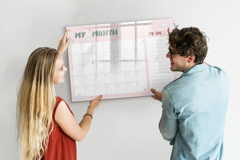 Tableau blanc magnétique effaçable à sec avec calendrier mensuel pour enfants