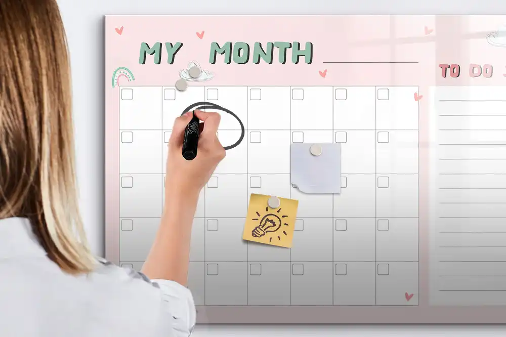 Tableau blanc magnétique effaçable à sec avec calendrier mensuel pour enfants
