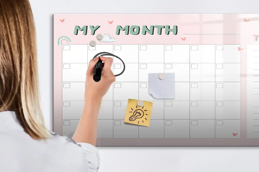 Tableau blanc magnétique effaçable à sec avec calendrier mensuel pour enfants
