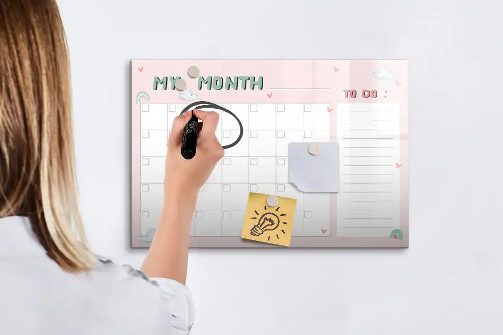 Tableau blanc magnétique effaçable à sec avec calendrier mensuel pour enfants