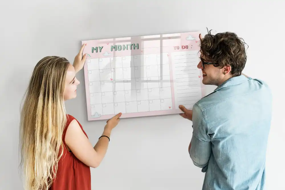 Tableau blanc magnétique effaçable à sec avec calendrier mensuel pour enfants