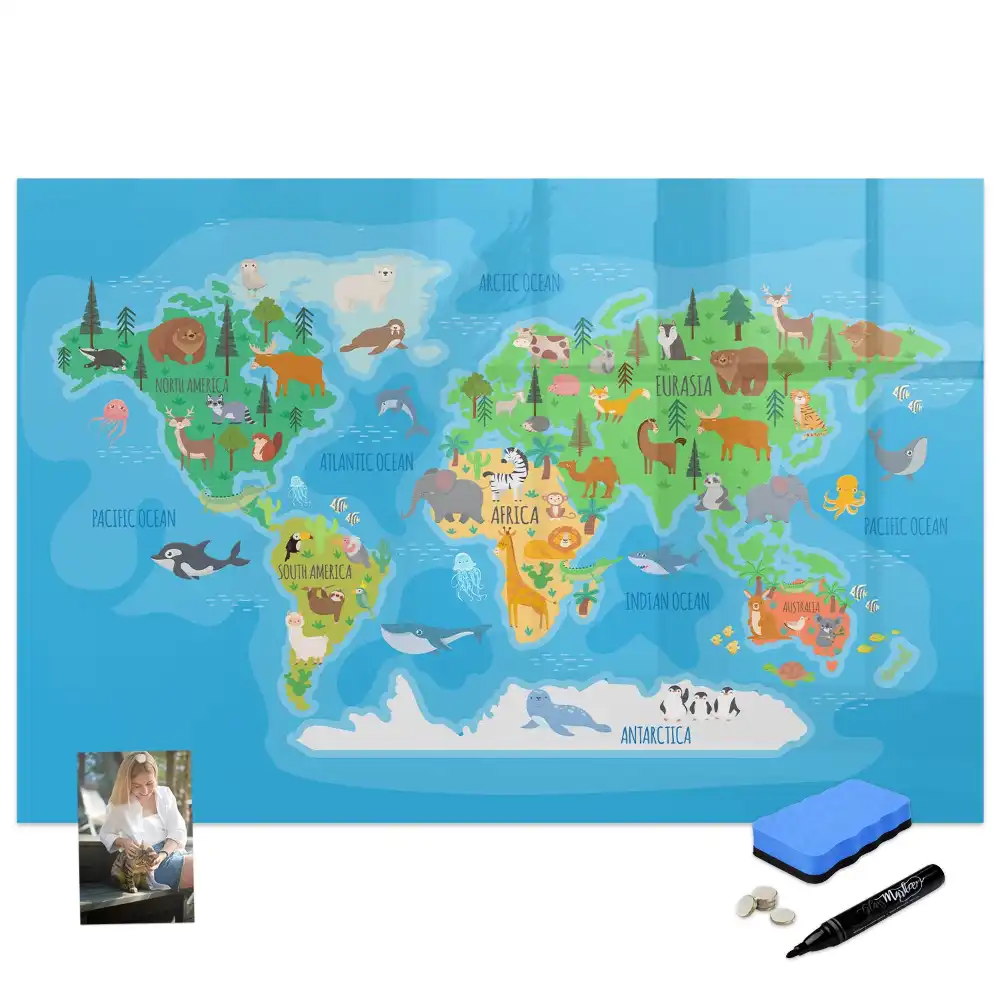 Tableau blanc magnétique effaçable à sec avec carte du monde