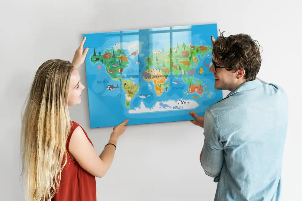 Tableau blanc magnétique effaçable à sec avec carte du monde