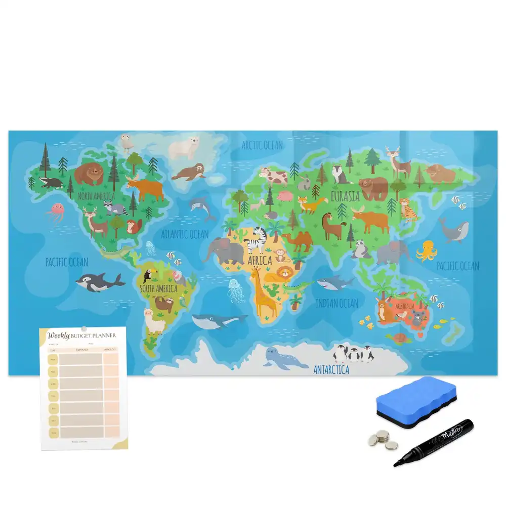 Tableau blanc magnétique effaçable à sec avec carte du monde