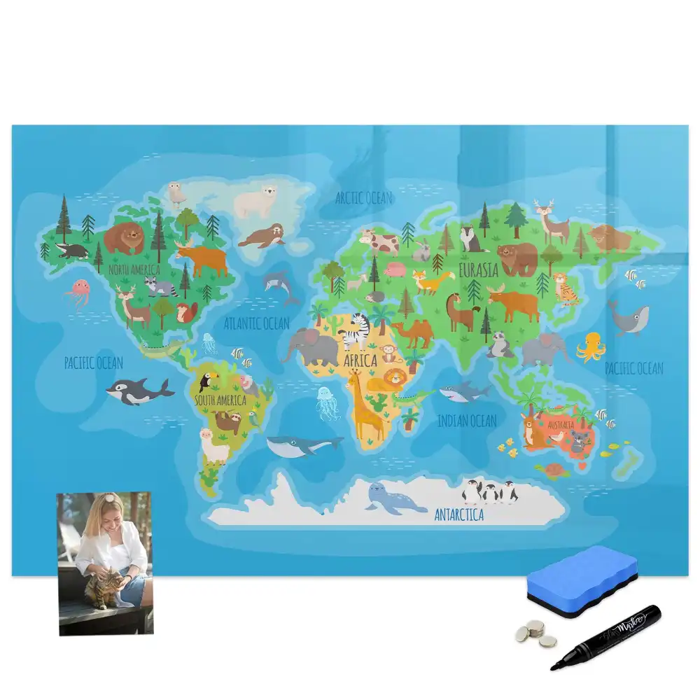 Tableau blanc magnétique effaçable à sec avec carte du monde