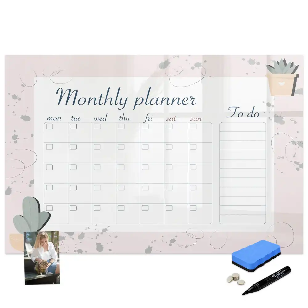 Tableau blanc magnétique effaçable à sec avec calendrier mensuel