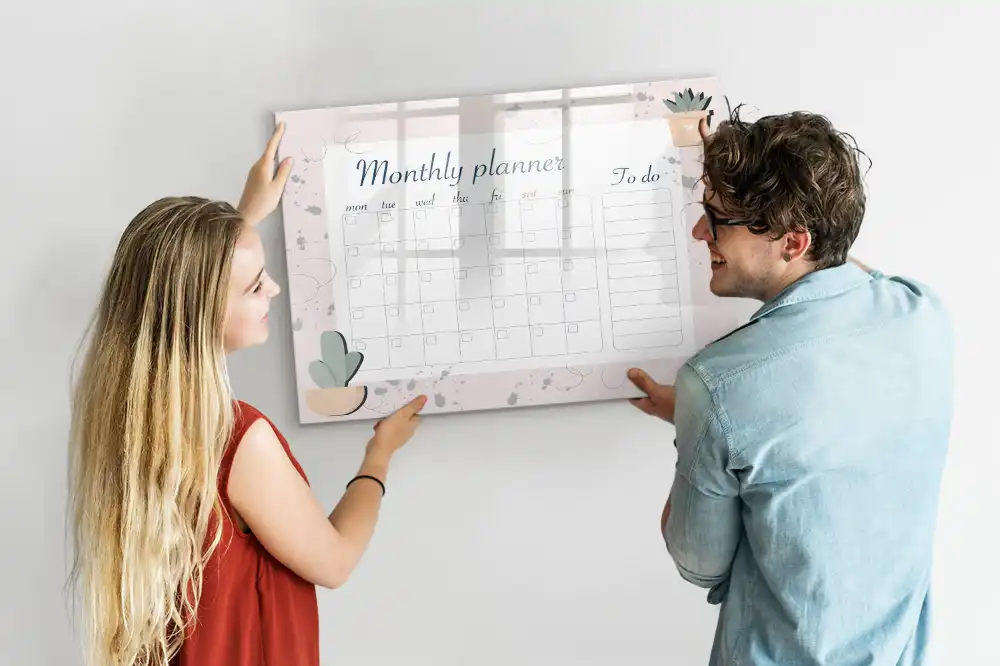 Tableau blanc magnétique effaçable à sec avec calendrier mensuel