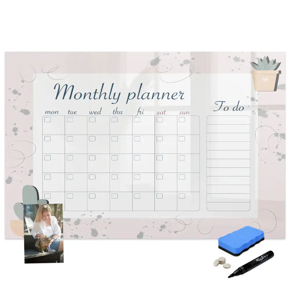 Tableau blanc magnétique effaçable à sec avec calendrier mensuel