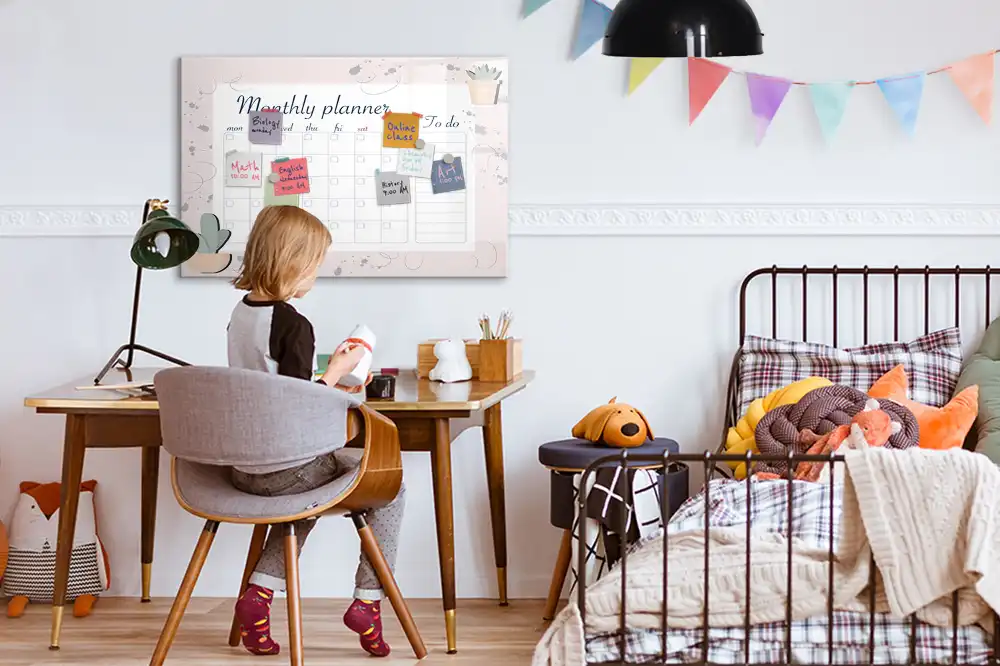 Tableau blanc magnétique effaçable à sec avec calendrier mensuel