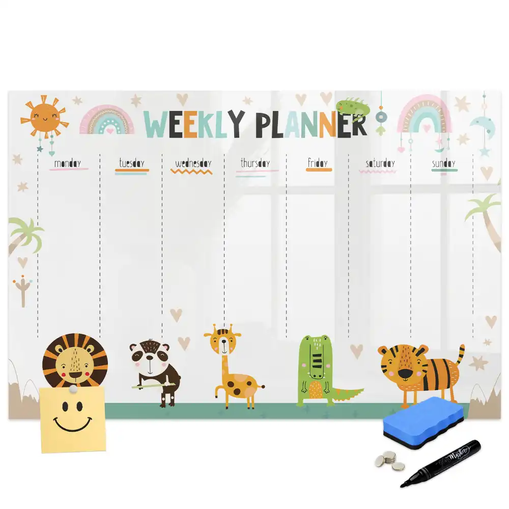 Tableau blanc magnétique effaçable à sec avec calendrier hebdomadaire motif animaux