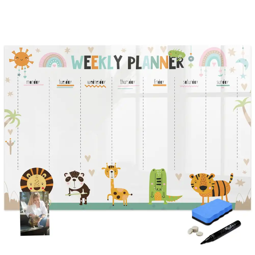 Tableau blanc magnétique effaçable à sec avec calendrier hebdomadaire motif animaux