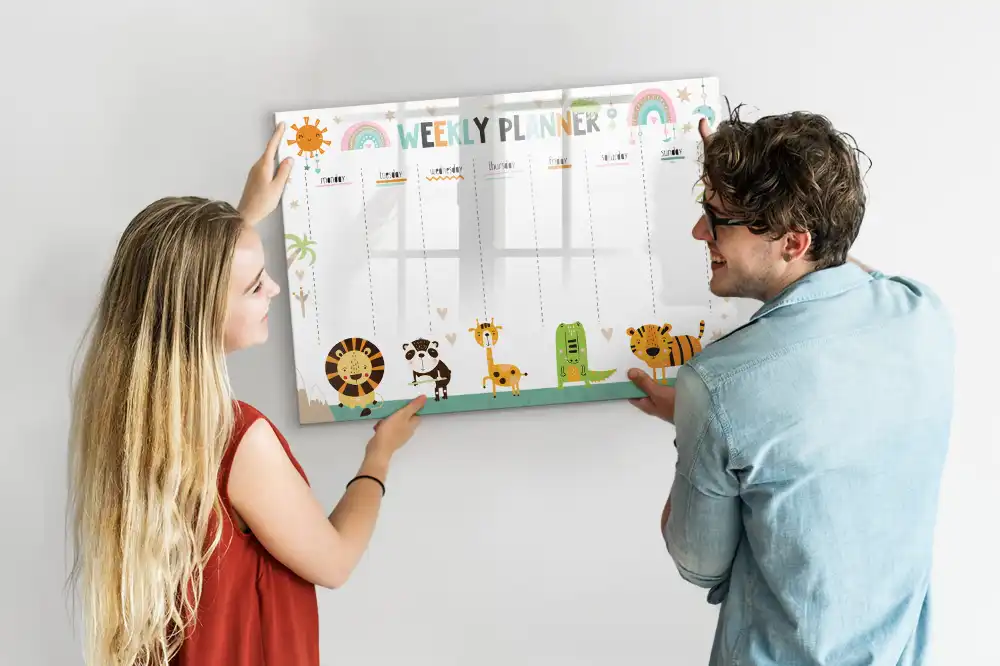 Tableau blanc magnétique effaçable à sec avec calendrier hebdomadaire motif animaux