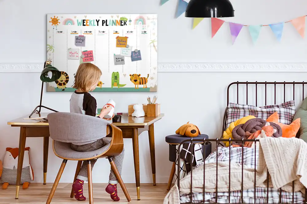 Tableau blanc magnétique effaçable à sec avec calendrier hebdomadaire motif animaux