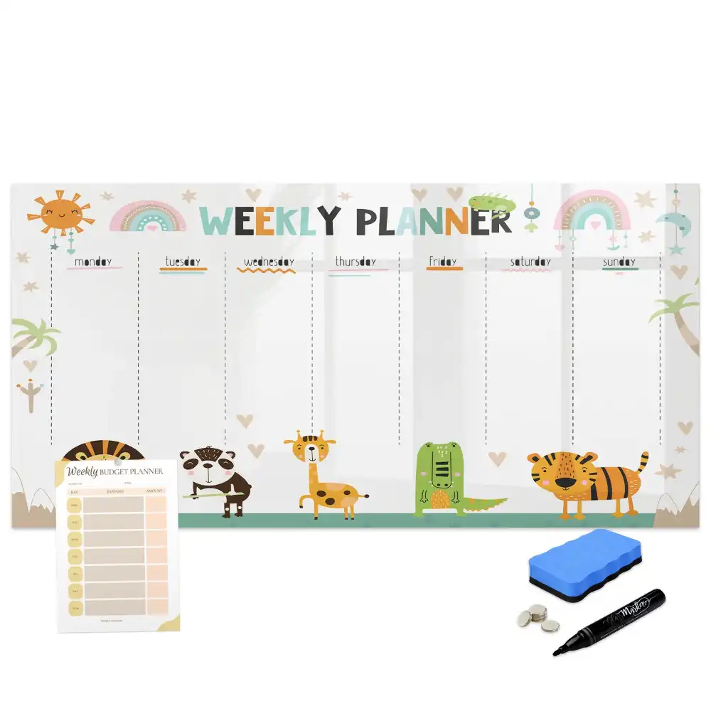 Tableau blanc magnétique effaçable à sec avec calendrier hebdomadaire motif animaux