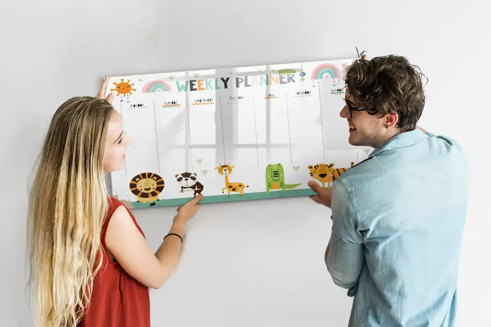 Tableau blanc magnétique effaçable à sec avec calendrier hebdomadaire motif animaux
