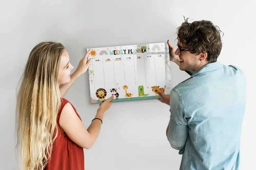 Tableau blanc magnétique effaçable à sec avec calendrier hebdomadaire motif animaux