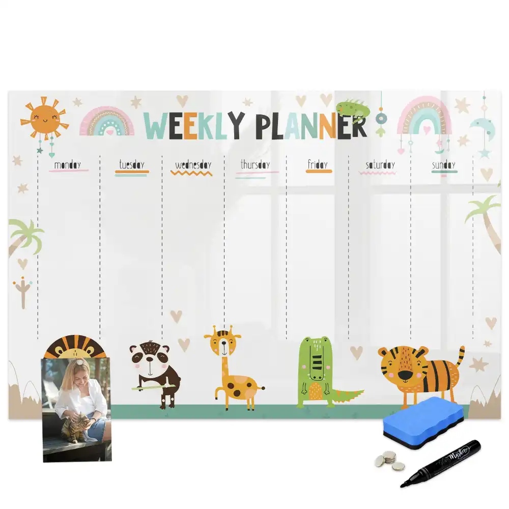 Tableau blanc magnétique effaçable à sec avec calendrier hebdomadaire motif animaux
