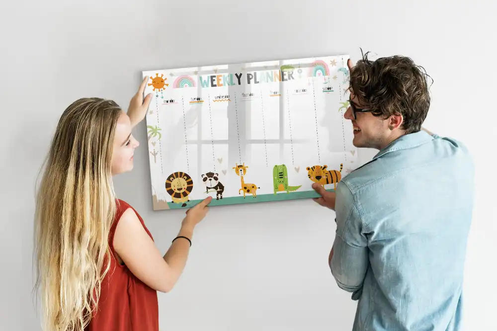Tableau blanc magnétique effaçable à sec avec calendrier hebdomadaire motif animaux