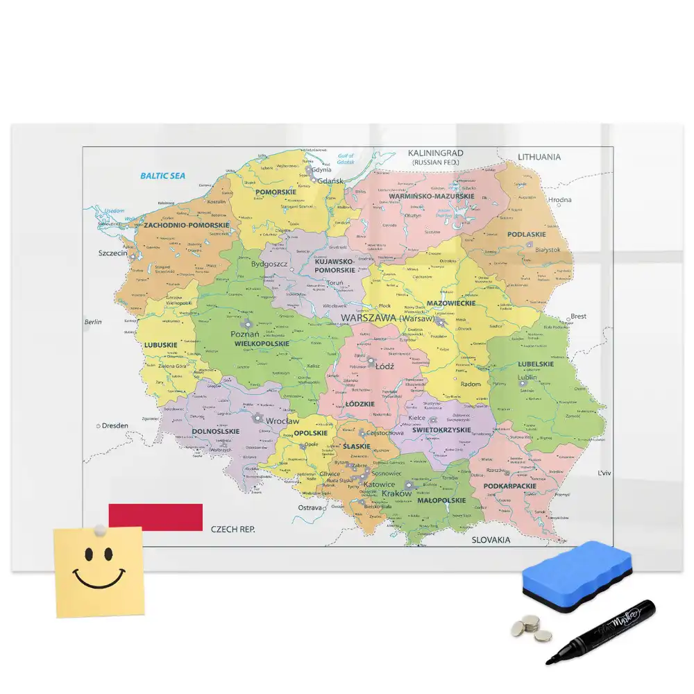 Tableau blanc magnétique effaçable à sec avec motif de carte de Pologne