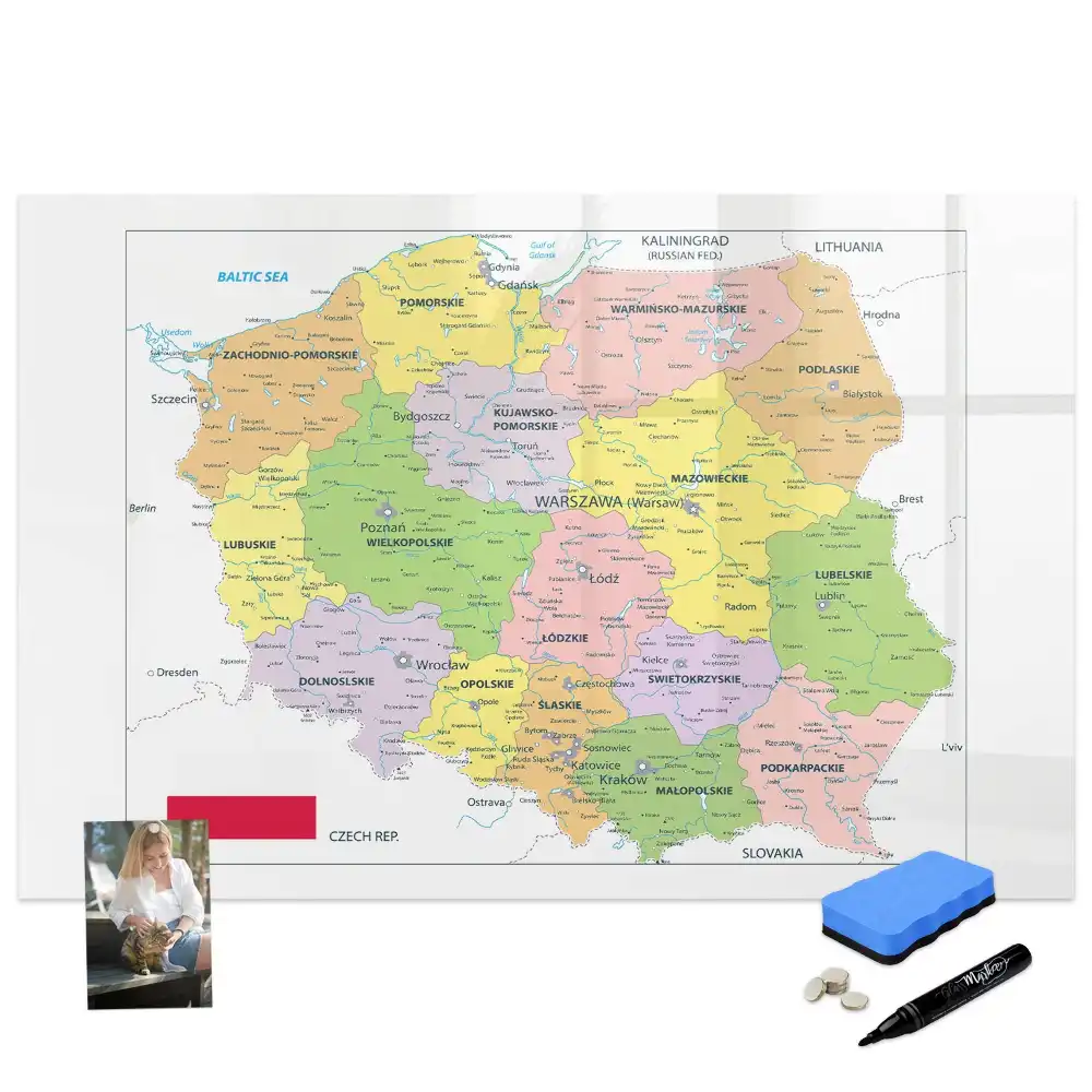 Tableau blanc magnétique effaçable à sec avec motif de carte de Pologne